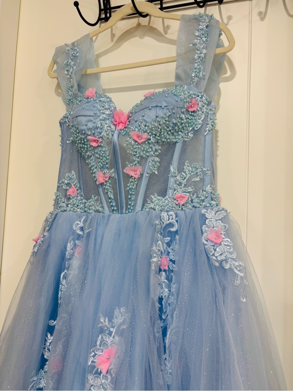 Light Blue Embellished Formal Tulle Dress with Pink Floral Details